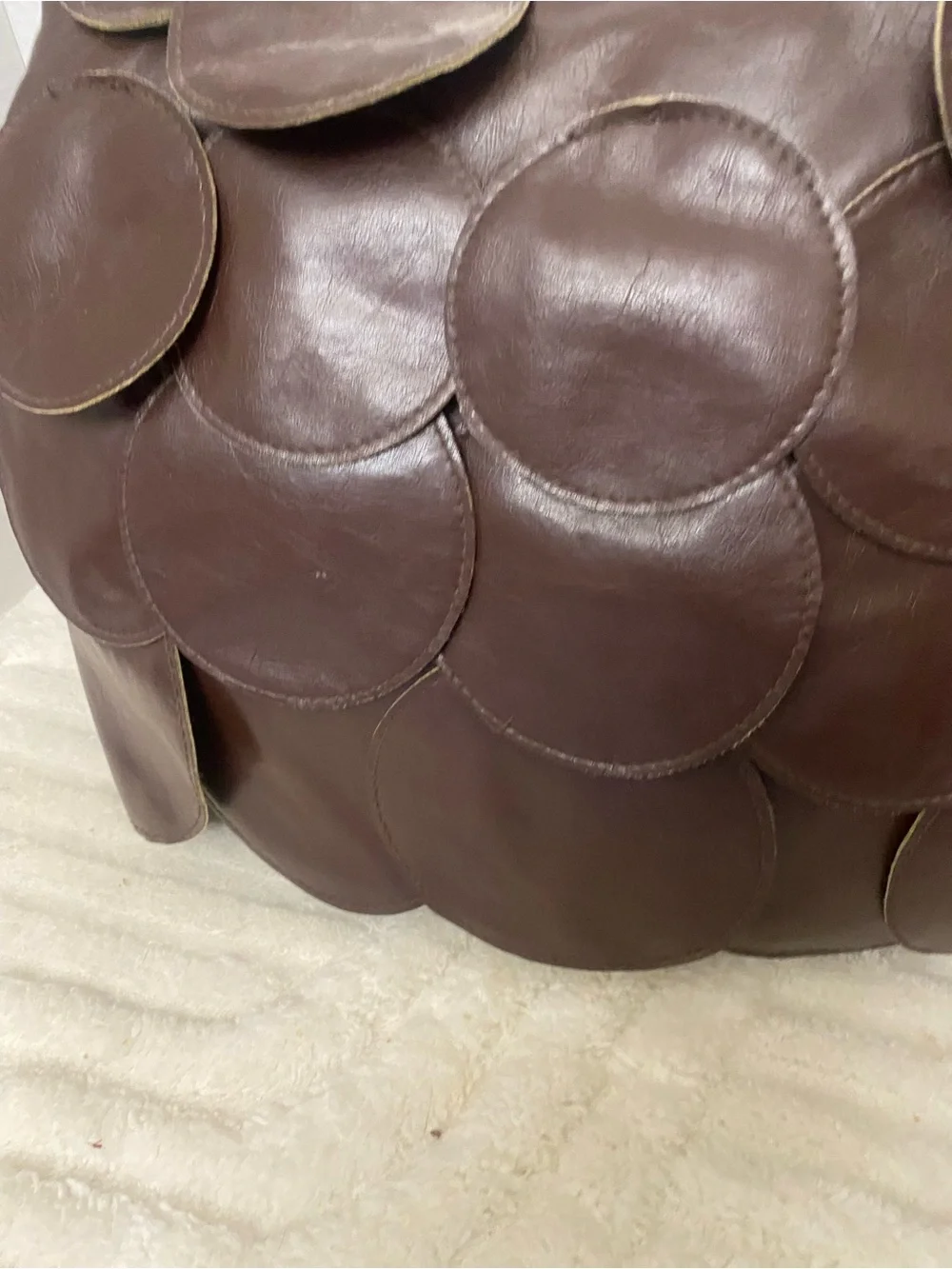Bueno Brown Scalloped Fish Scale Disc Shoulder Bag with Beaded Handles